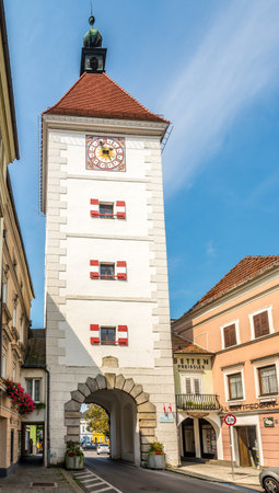 WELS,AUSTRIA - AUGUST 11,2020 - View at the Lederturm tower in the streets of Wels. Wels is a city in Upper Austria, on the Traun River near Linz.のeditorial素材
