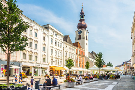 WELS,AUSTRIA - AUGUST 11,2020 - View at the Town place of Wels. Wels is a city in Upper Austria, on the Traun River near Linz.のeditorial素材