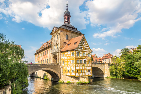 BAMBERG,GERMANY - AUGUST 09,2020 - View at the Old Town hall with bridge over Regnitz river in Bamberg. Bamberg is a town in Upper Franconia of Germany.のeditorial素材