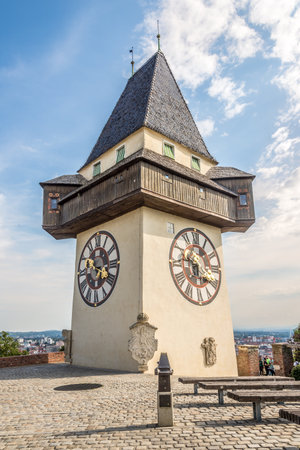 GRAZ, AUSTRIA - SEPTEMBER 13,2021 - Clock Tower at the Schlossberg Hill in Graz. Graz is the capital city of the Austrian state of Styria.のeditorial素材
