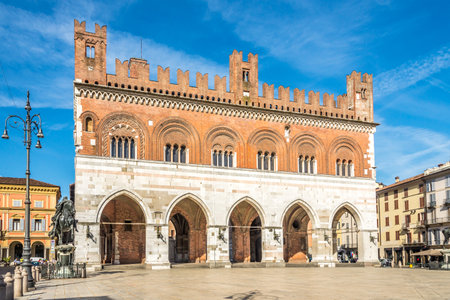 PIACENZA, ITALY - JUNE 28,2021 - Gothic Palace at Cavalli place in Piacenza. Piacenza is a city and comune in the Emilia-Romagna region of northern Italy.のeditorial素材