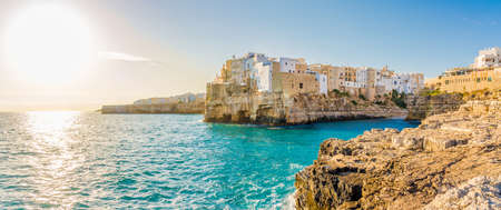 Panoramic view at Sunrise near Seashore of Polignano a Mare in Italyの写真素材