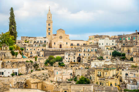 View at the Ancient town (Sassi) of Matera with Cathedral of Madonna della Bruna and Saint Eustace...