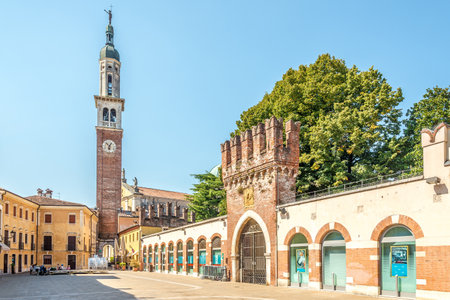 THIENE,ITALY - SEPTEMBER 12,2021 - View at the Place Chilesotti with Bell tower in Thiene. Thiene is a city and comune in the province of Vicenza, in northern Italy.のeditorial素材