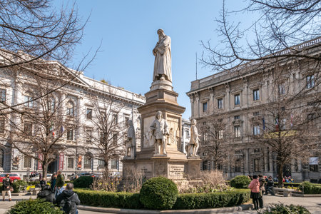 MILAN,ITALY - MARCH 22,2022 - View at the Monument of Leonardo near La Scala Theater in the streets of Milan. Milan is a city in northern Italy, capital of Lombardy.のeditorial素材