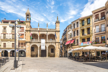 PLASENCIA,SPAIN - MAY 24,2022 - View at the Mayor place with Town hall building of Plasencia....