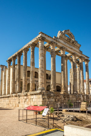MERIDA,SPAIN - MAY 25,2022 - View at the ancient Roman Temple of Diana in the streets of Merida. Merida is a city and municipality of Spain, part of the Province of Badajoz.のeditorial素材