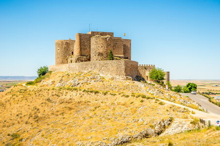 CONSUEGRA,SPAIN - MAY 26,2022 - View at teh La Muela castle near Consuegra town. It was a stronghold of the Knights Hospitaller during the Middle Ages.のeditorial素材
