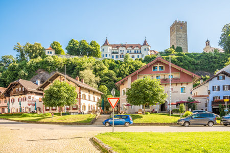 NEUBEUERN,GERMANY - JULY 3,2022 - View at the Market Square and Castle of Neubeuern. Neubeuern is a municipality in the district of Rosenheim in Bavaria in Germany.のeditorial素材