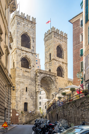 GENOA,ITALY - AUGUST 31,2022 - View at the Porta Soprana in the streets of Genoa. Genoa is the capital of the Italian region of Liguria.のeditorial素材