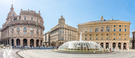 GENOA,ITALY - AUGUST 31,2022 - View at the fountain at Ferrari place in Genoa. Genoa is the capital...