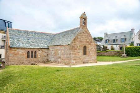 View at the Chapel of Saint Guirec at Atlantic seafront near Ploumanach in Brittany - Franceの写真素材