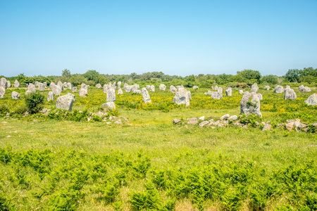 The Carnac stones are an exceptionally dense collection of megalithic sites near the south coast of Brittany in northwestern Franceの写真素材