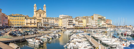 BASTIA,FRANCE - SEPTEMBER 5,2023 - Panoramic view at the harbour with Church of Saint John the Baptist in Bastia - Corsica,France. Bastia is located in the northeast of the island of Corsica at the base of Cap Corse.のeditorial素材
