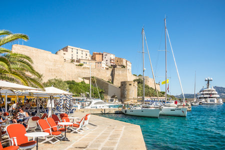CALVI,FRANCE - SEPTEMBER 7,2023 - View at the Citadel from port in  Calvi town. Calvi is located on the northwest coast of the island of Corsica, France.のeditorial素材