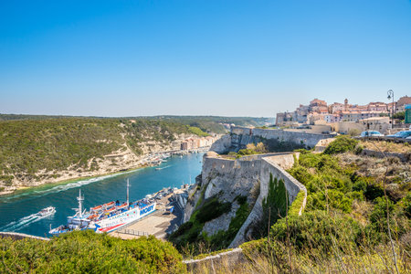 BONIFACIO,FRANCE - SEPTEMBER 8,2023 - View at the gulf of Bonifacio. Bonifacio is a commune in the southern tip of the island of Corsica, in the French department of Corse-du-Sud.のeditorial素材