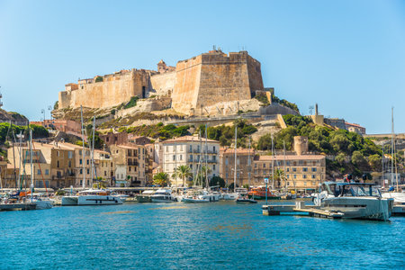 BONIFACIO,FRANCE - SEPTEMBER 8,2023 - View at the Citadel and port in Bonifacio. Bonifacio is a commune in the southern tip of the island of Corsica, in the French department of Corse-du-Sud.のeditorial素材