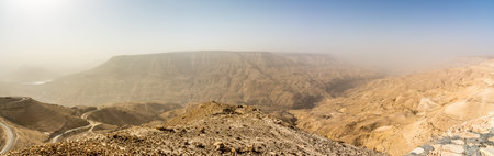 Panoramic view to the Moujib Valley in Jordan, from Moujib Panorama viewpoint.の写真素材