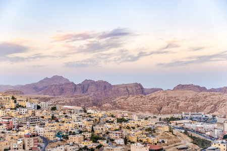 View at Wadi Musa town with mountains near Petra in Jordan