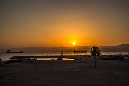 Ssunset over the Gulf of Aqaba in Jordanの写真素材