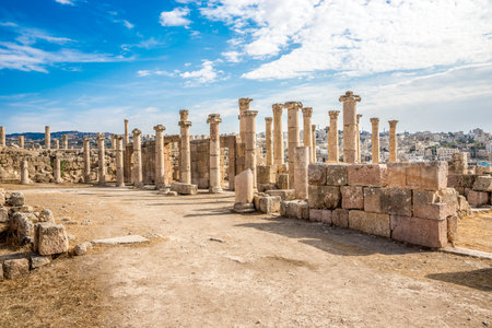 View at the Ruins of Cathedral of Saint Teodore in Archaeological complex of Jerash in Jordanの写真素材