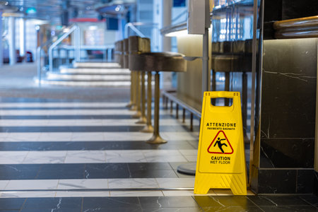 Bright yellow caution sign warning about wet floor placed in a modern indoor environment.