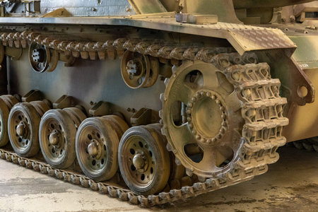 Camouflage Armored Tank Track And Wheel Mechanism Military Vehicle Close View