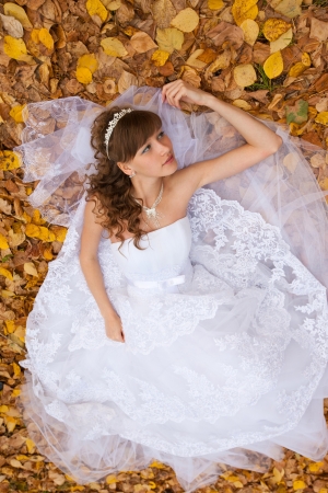 wedding theme, the bride  in the maple leaves on grassの写真素材