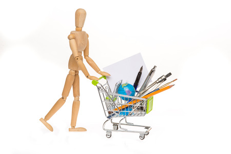 high resolution photo of trolley with school equipment on white background and grey cardの写真素材