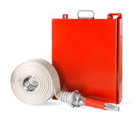 Fire fighter hose with an indoor fire rack isolated on white background.の写真素材