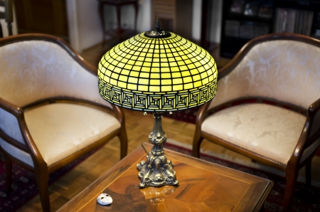 Tiffany lamp on wooden tableの写真素材