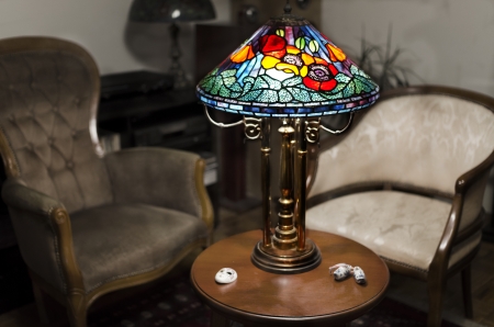 Tiffany lamp on wooden tableの写真素材