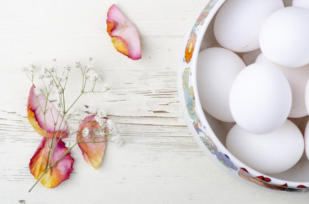 Easter eggs decoration on wooden table