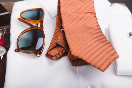 Men accessories on vintage wooden tableの写真素材