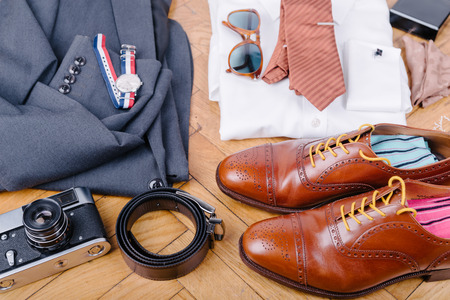 Men accessories on vintage wooden tableの写真素材