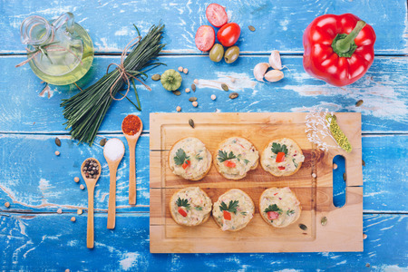 Organic food on rustic wooden tableの写真素材