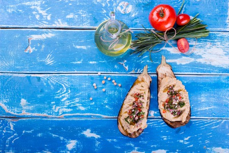 Organic food on rustic wooden tableの写真素材