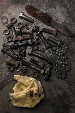 iron smith's workshop floor - nuts and bolts, etc.の写真素材