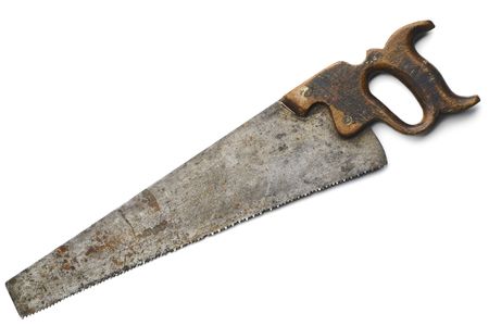 an old rusty crosscut saw on white backgroundの写真素材