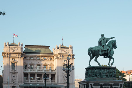 National Theater in Belgrade and the monument of Prince Mihailoの写真素材