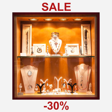 show-case with shelf and nice steel or silver jewelryの写真素材