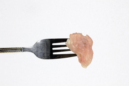 raw chicken on the fork on the white backgroundの写真素材