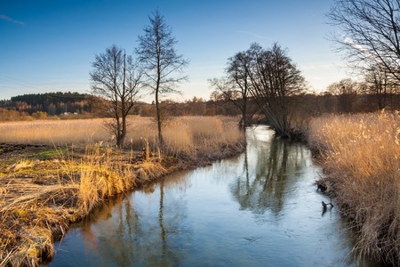 Landscape with river in countryside. Beautiful rural tranquil sceneの写真素材