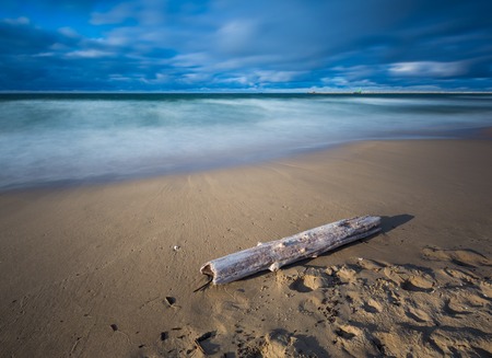 Beautiful sandy sea shore with driftwood. Baltic sea. Long exposure photo.の写真素材