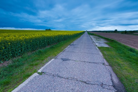 Rural destroyed asphalt road in calm countryside. Springtime landscape photographed in Poland.の写真素材