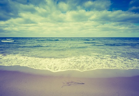 Vintage photo of beautiful beach landscape with cloudy sky and sea with waves. Baltic sea coast near Gdansk in Poland.の写真素材