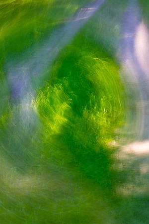 Blurry abstract of green summer forest photographed on long exposure with motion effect.の写真素材