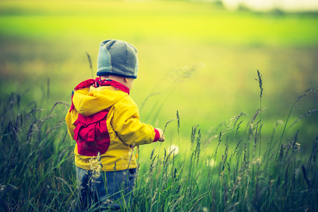 Vintage photo of small child playing on meadow. Beautiful landscape with small childの写真素材