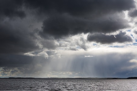 Lake landscape at storm photographed from yacht. Landscape with yachts on lake. Mazury lake...