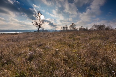Landscape of fields at late autumn or winter with little snow and withered trees and grassland. Polish landscapeの写真素材